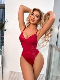 Wine Red Lace Sheer Open Back Bodysuit