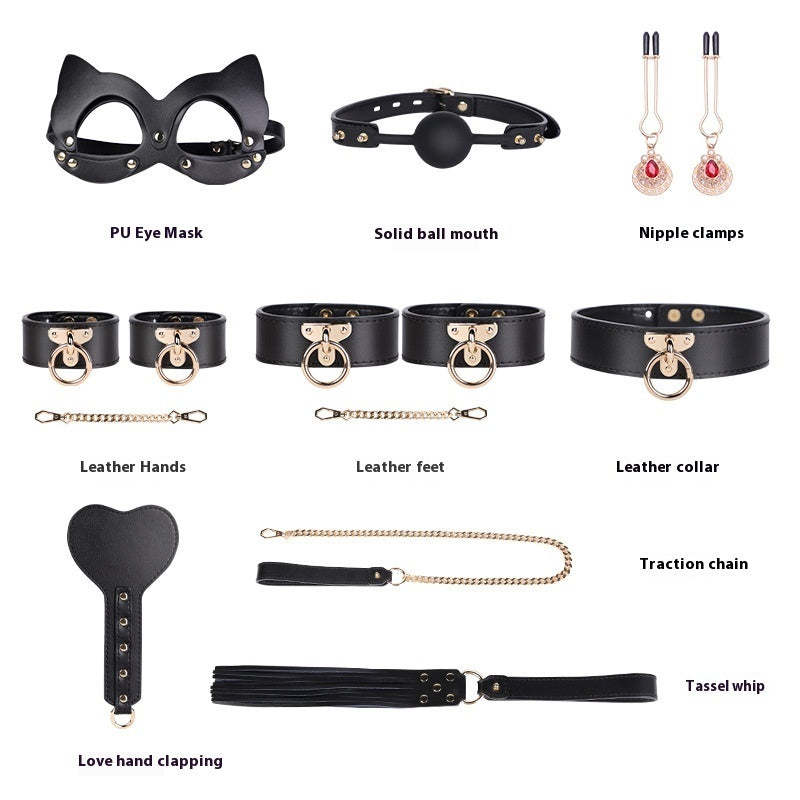 Close-up of Genuine Leather 8-Piece Bondage Set with Handcuffs for Bondage Kits