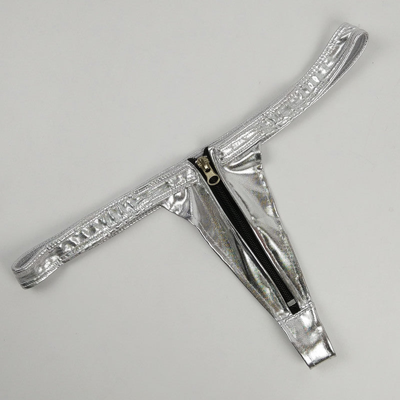 Women's front-opening leather pants T-pants bondage adult products zipper thongs