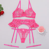 Embroidered Mesh Lingerie Set — Strappy Three-Piece