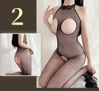 Sheer Nylon Mesh Bodysuit with Attached Stockings