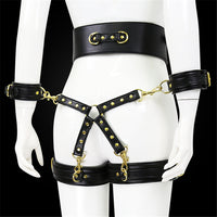 PU Leather Handcuffs Leg Cuffs with Waist Restraint Belt