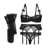 Half Cup Lace Bra Set with Garter & Stockings