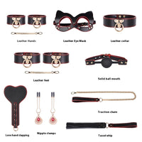 Genuine Leather 8-Piece Bondage Set with Handcuffs