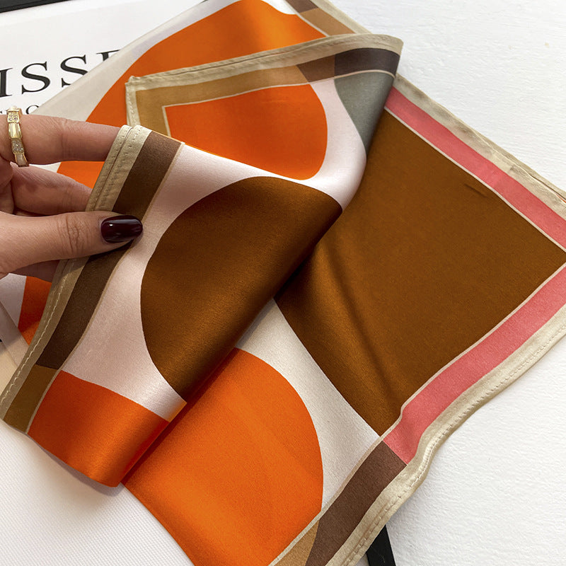 Simple Color-blocking Round Geometric Silk Scarf For Women