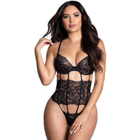Backless Mesh Suspender Bodysuit - Black