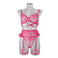 Embroidered Mesh Lingerie Set — Strappy Three-Piece