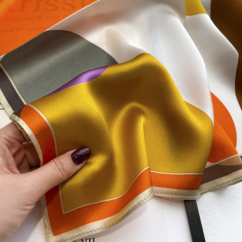 Simple Color-blocking Round Geometric Silk Scarf For Women