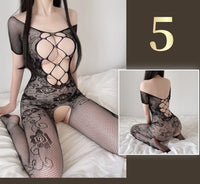 Sheer Nylon Mesh Bodysuit with Attached Stockings