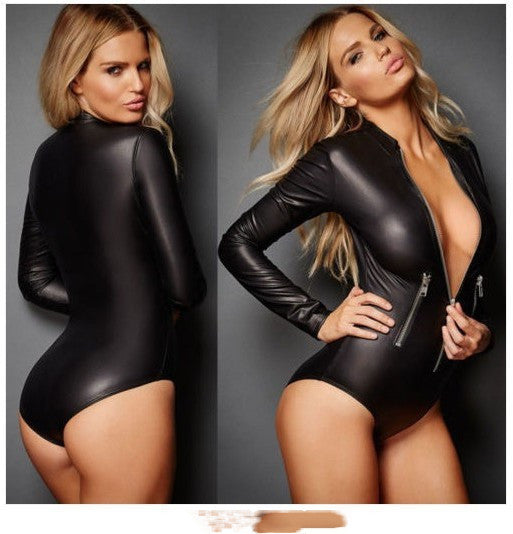 Black Faux Leather Long Sleeve Bodysuit with Front Zip