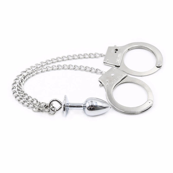 Metal Handcuffs with Anal Plug Connector Bondage Set