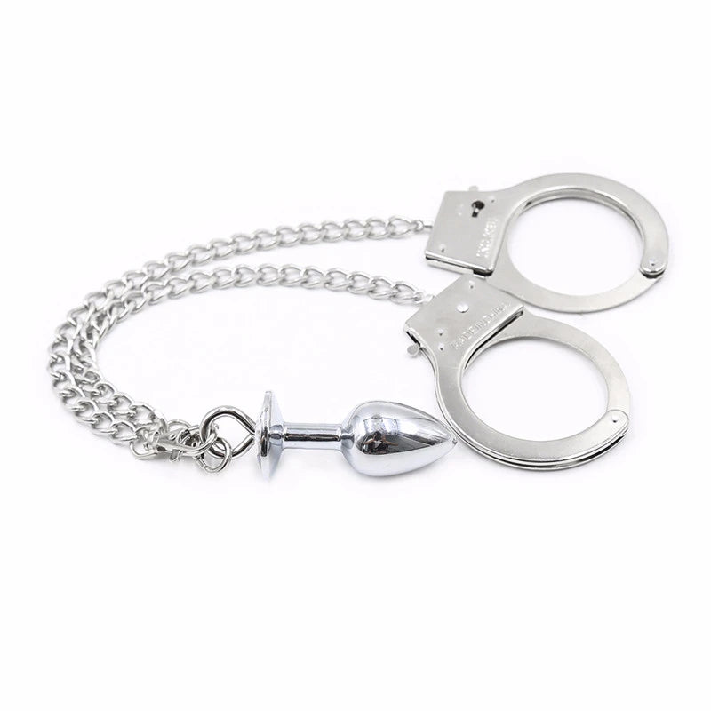 Metal Handcuffs with Anal Plug Connector Bondage Set