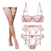 Half Cup Lace Bra Set with Garter & Stockings