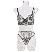 Mesh Embroidered Lingerie Set - Black