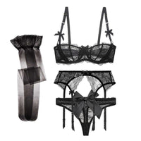 Half Cup Lace Bra Set with Garter & Stockings