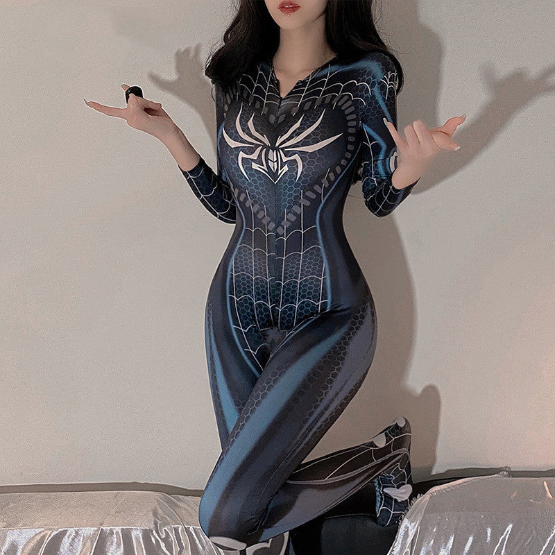 Navy Blue Double Zipper Bodysuit Printed