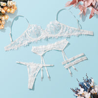 White Lace Garter Bra Set with Leg Rings 4-Piece