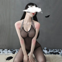 Sheer Nylon Mesh Bodysuit with Attached Stockings