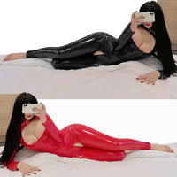 Faux Leather Jumpsuit - Shiny Polyester Bodysuit