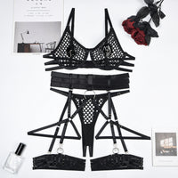 Metal Ring Garter Lingerie Set - Black & Red