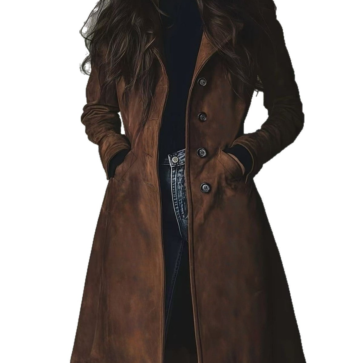 Women's Lapel Suede Long Trench Coat