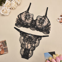 Mesh Embroidered Lingerie Set - Black