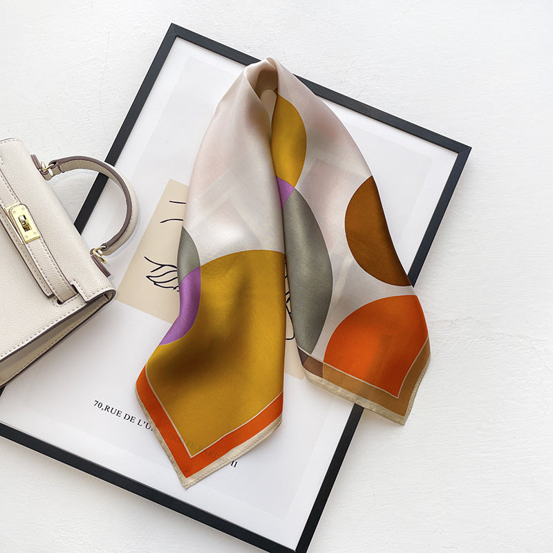 Simple Color-blocking Round Geometric Silk Scarf For Women