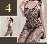 Sheer Nylon Mesh Bodysuit with Attached Stockings
