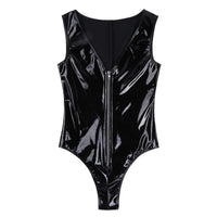 Black PU Leather Wetlook Bodysuit with Zipper
